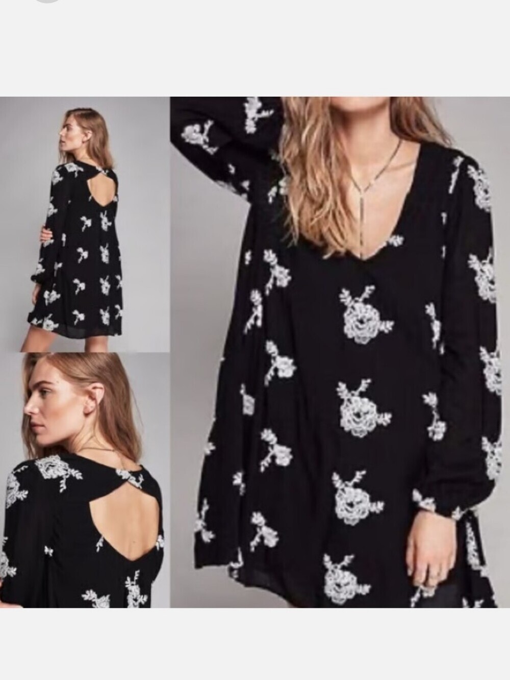 Free People Black Floral Embroidered V-Neck Women's Dress XS